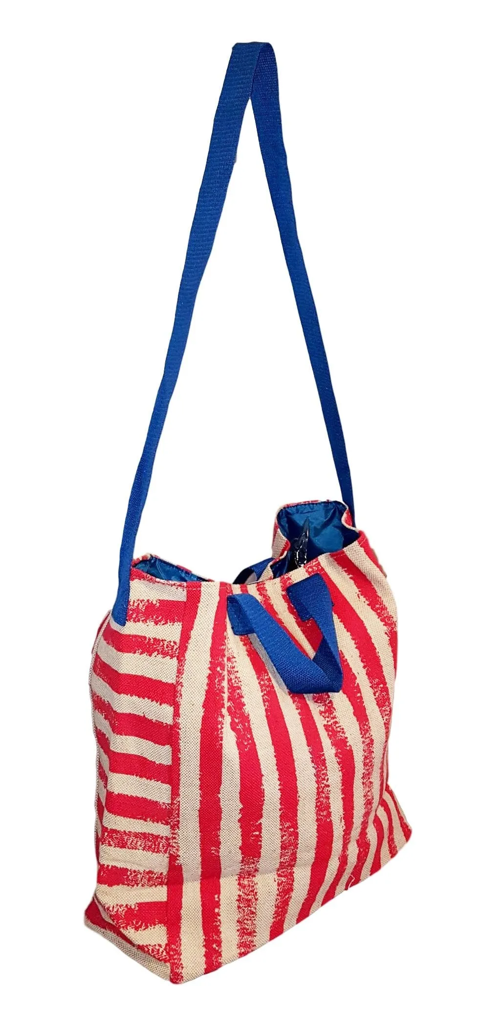 101 BEACH - 2 IN 1 Cross-Over Large Tote Bag - Custom Embroidery (Red Stripe - Blue Trim)