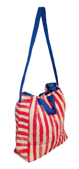 101 BEACH - 2 IN 1 Cross-Over Large Tote Bag - Custom Embroidery (Red Stripe - Blue Trim)