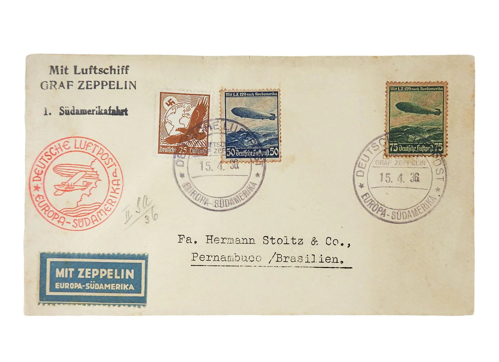 1936 Graf Zeppelin Germany to Brazil Airship Stamp Cover