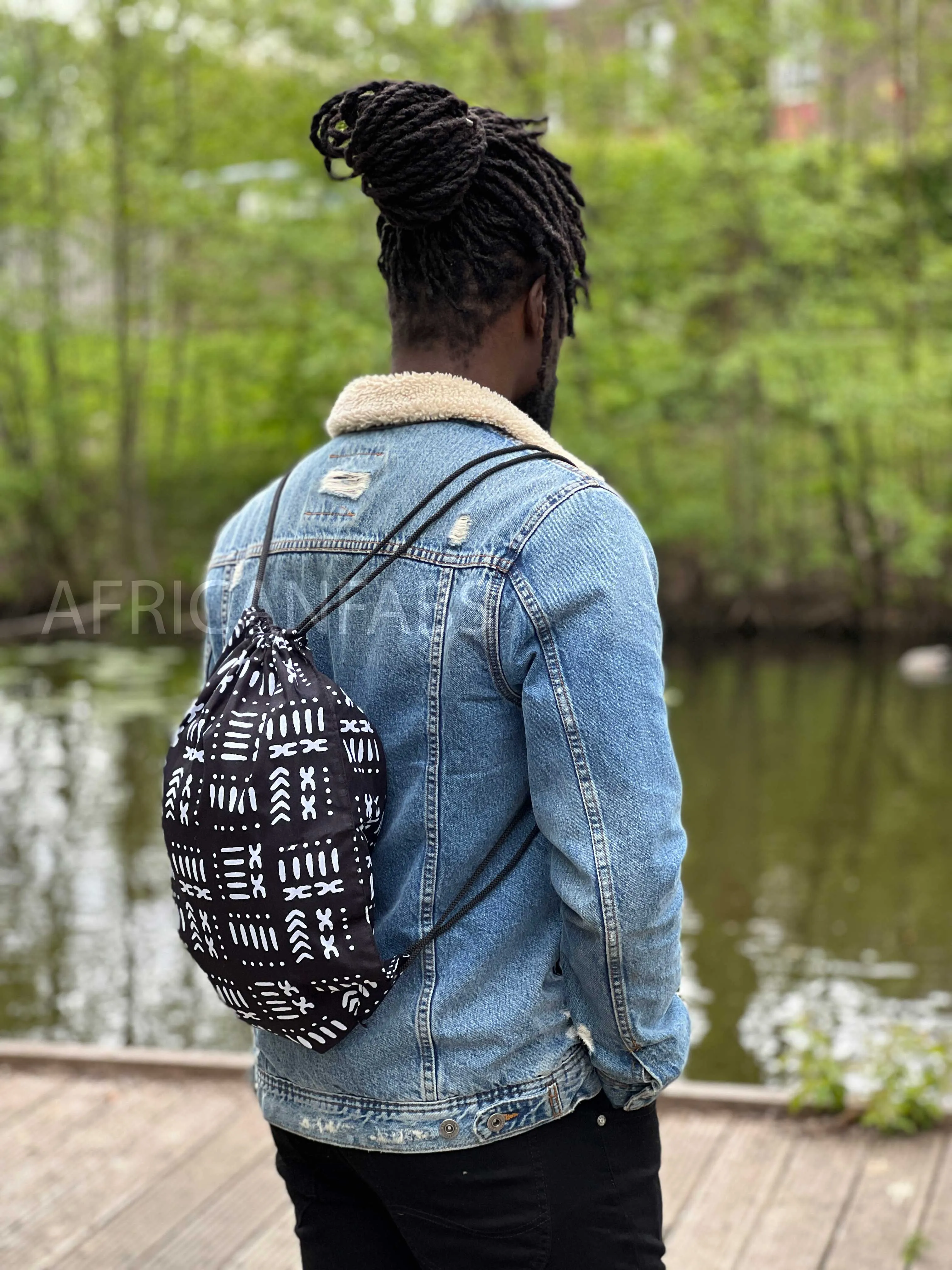 African Print Drawstring Bag / Gym Sack / School bag / Ankara Backpack / Festival Bag - Black / white bogolan