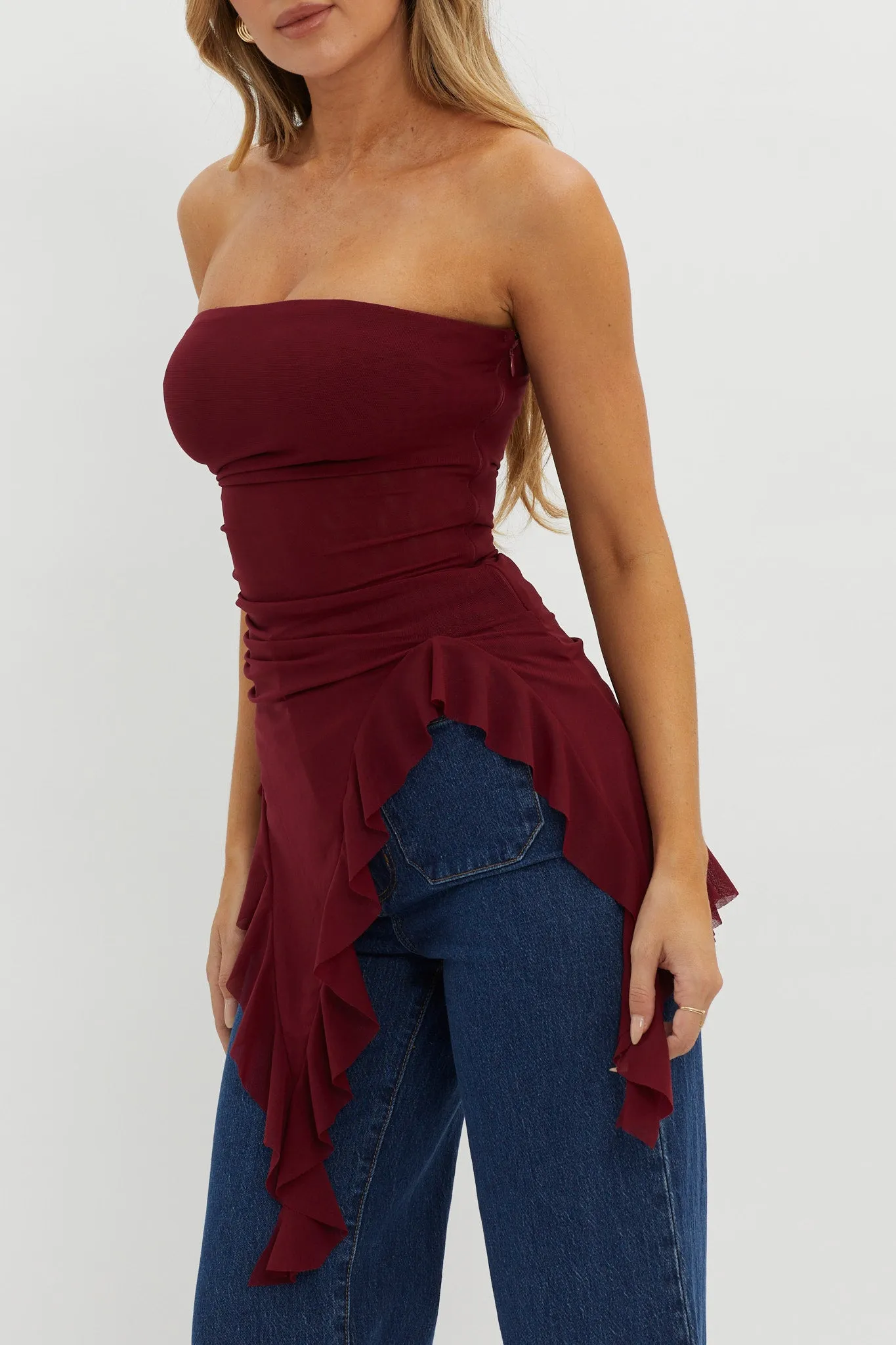 After Party Ruffle Trim Top Sangria