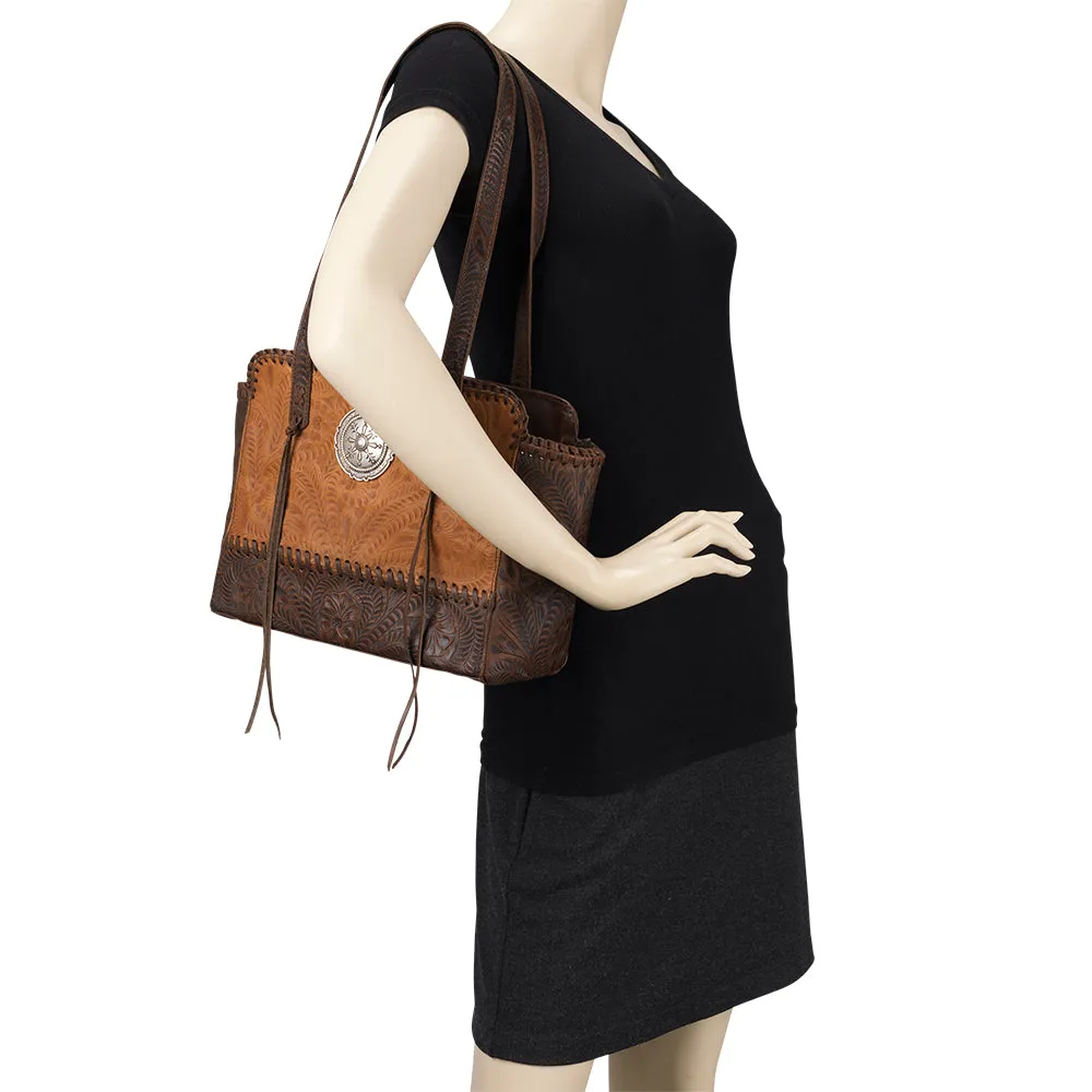 Annie's Secret Collection Zip Top Tote with Secret Compartment - Natural Tan and Chestnut Brown