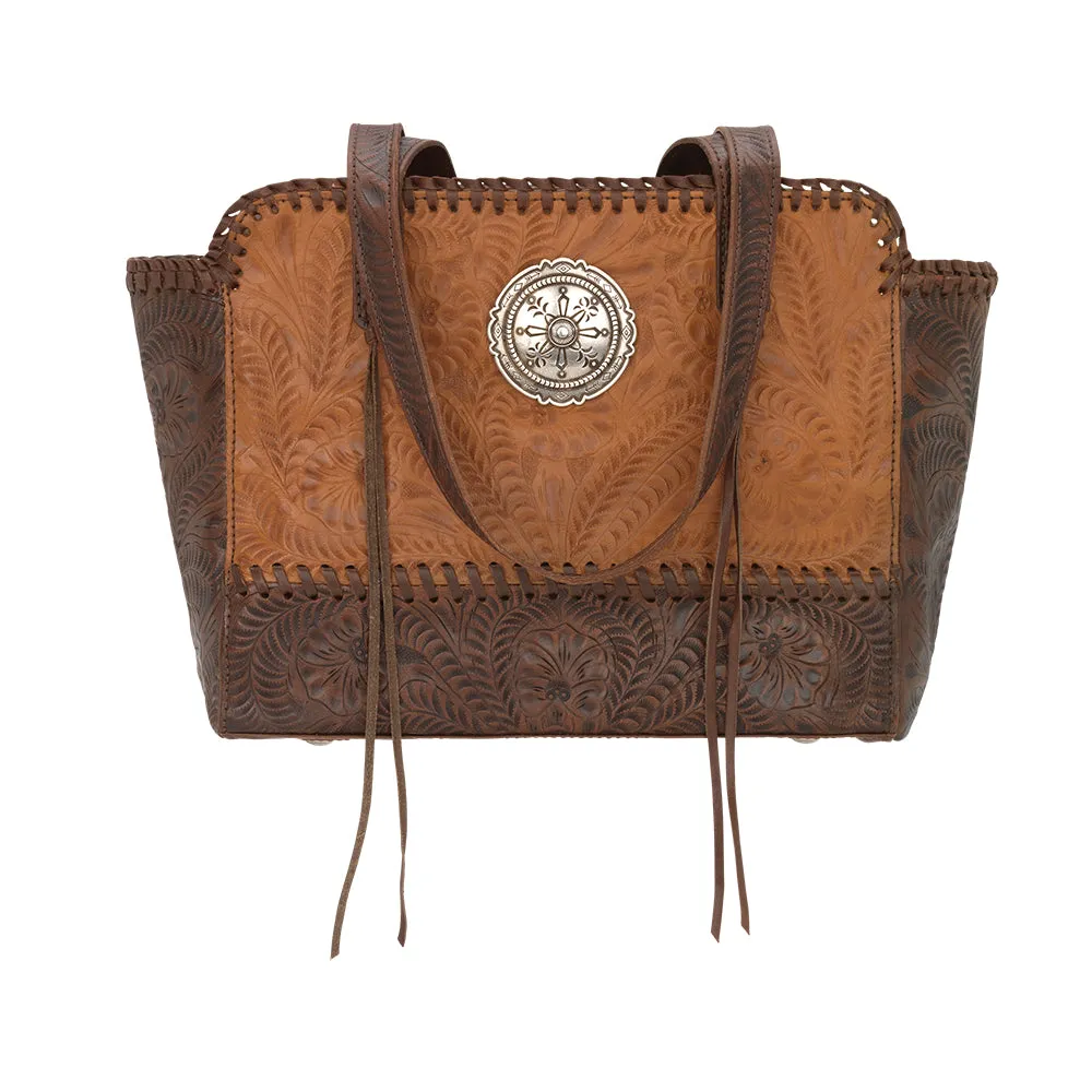 Annie's Secret Collection Zip Top Tote with Secret Compartment - Natural Tan and Chestnut Brown