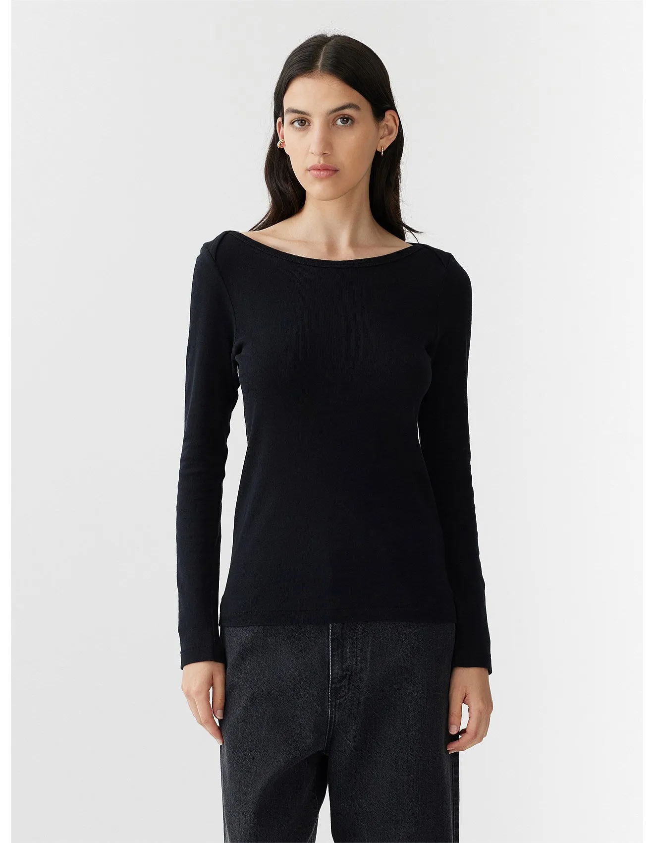 Bassike Envelope Neck Rib L/S Top - Black