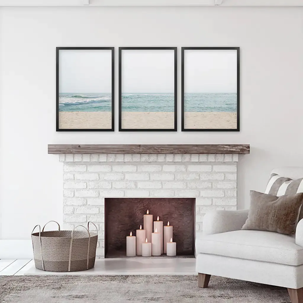 Beige Blue Minimalist Seashore Photo. 3 Piece Wall Art