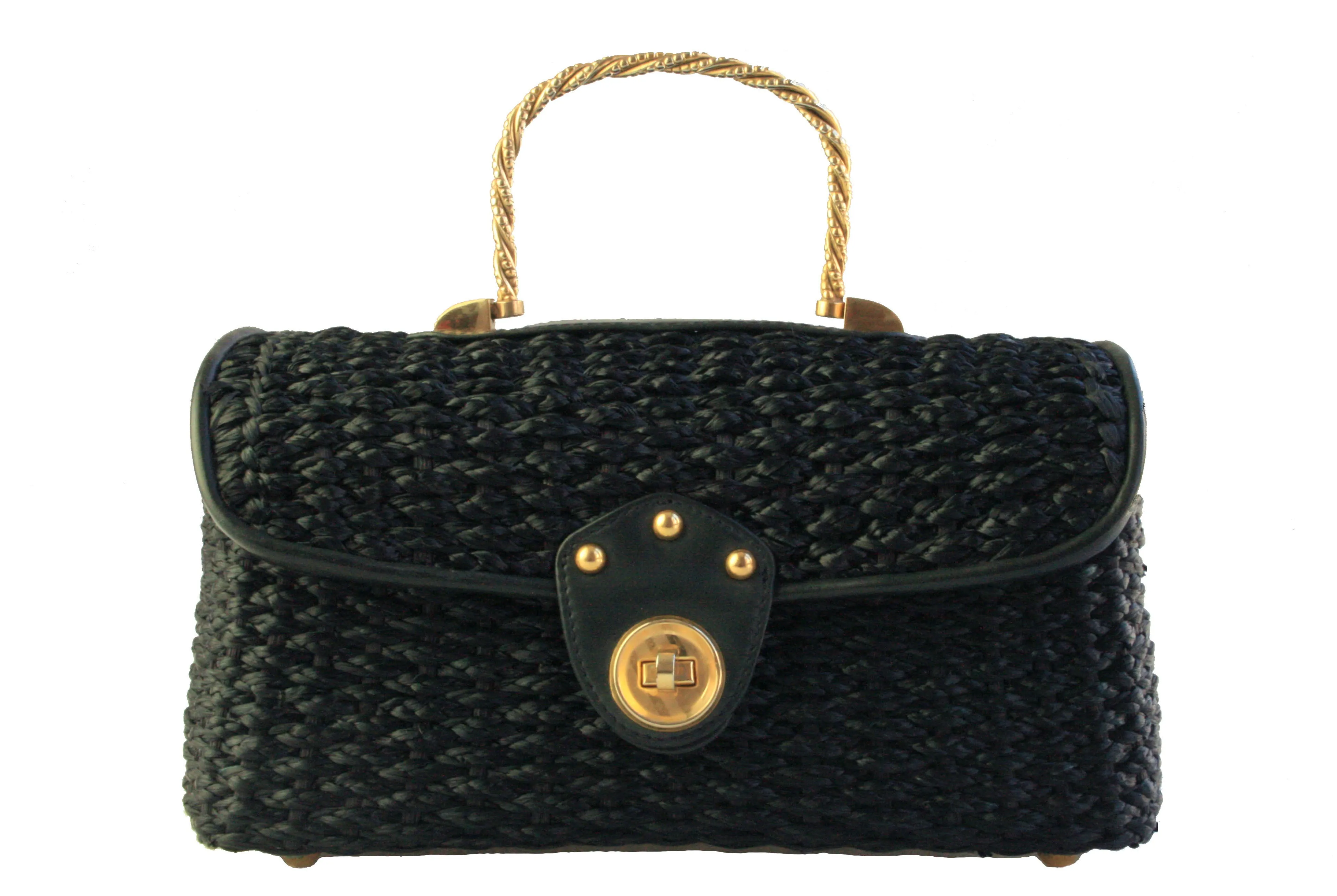 Black woven raffia box purse with metal handle