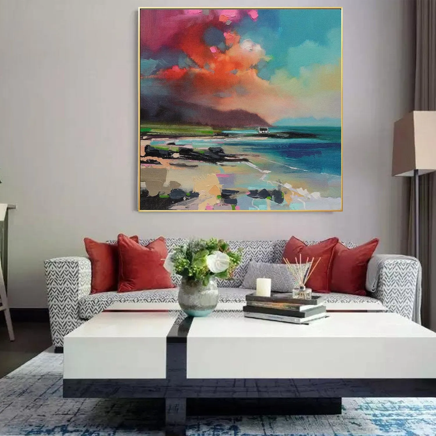 Blue Sea Painting Scenery Seascape Canvas Art Red Landscape Wp072