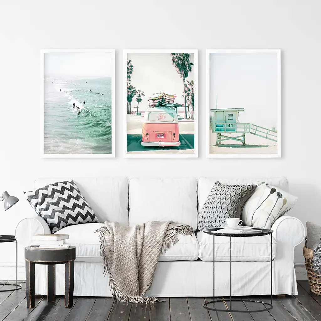 California Travel Wall Art Set. Pink Bus, Lifeguard, Surfers