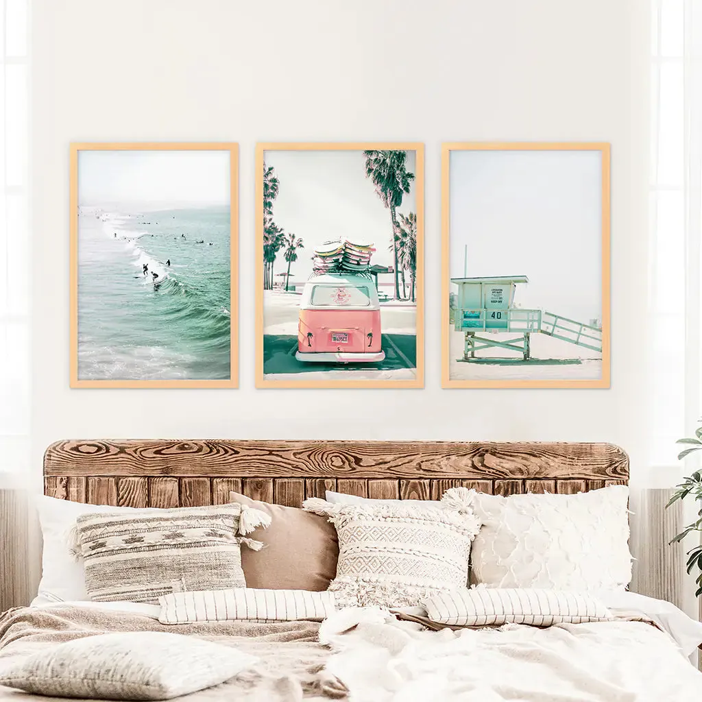 California Travel Wall Art Set. Pink Bus, Lifeguard, Surfers