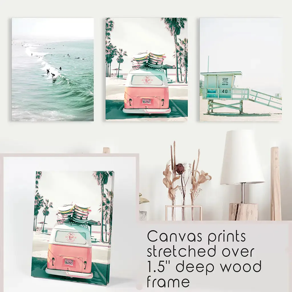 California Travel Wall Art Set. Pink Bus, Lifeguard, Surfers