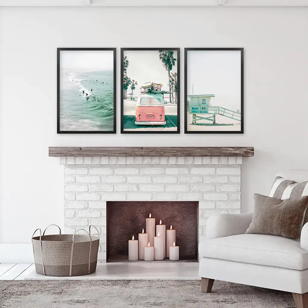 California Travel Wall Art Set. Pink Bus, Lifeguard, Surfers