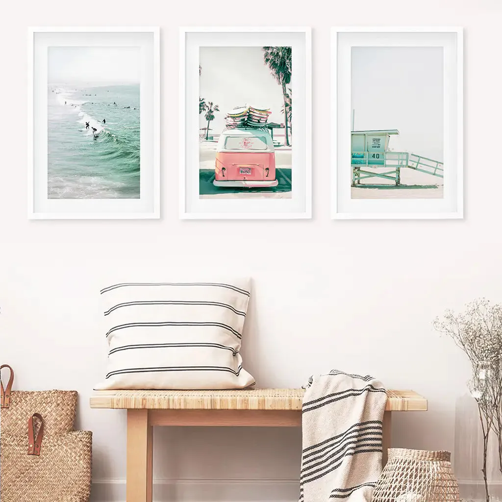 California Travel Wall Art Set. Pink Bus, Lifeguard, Surfers