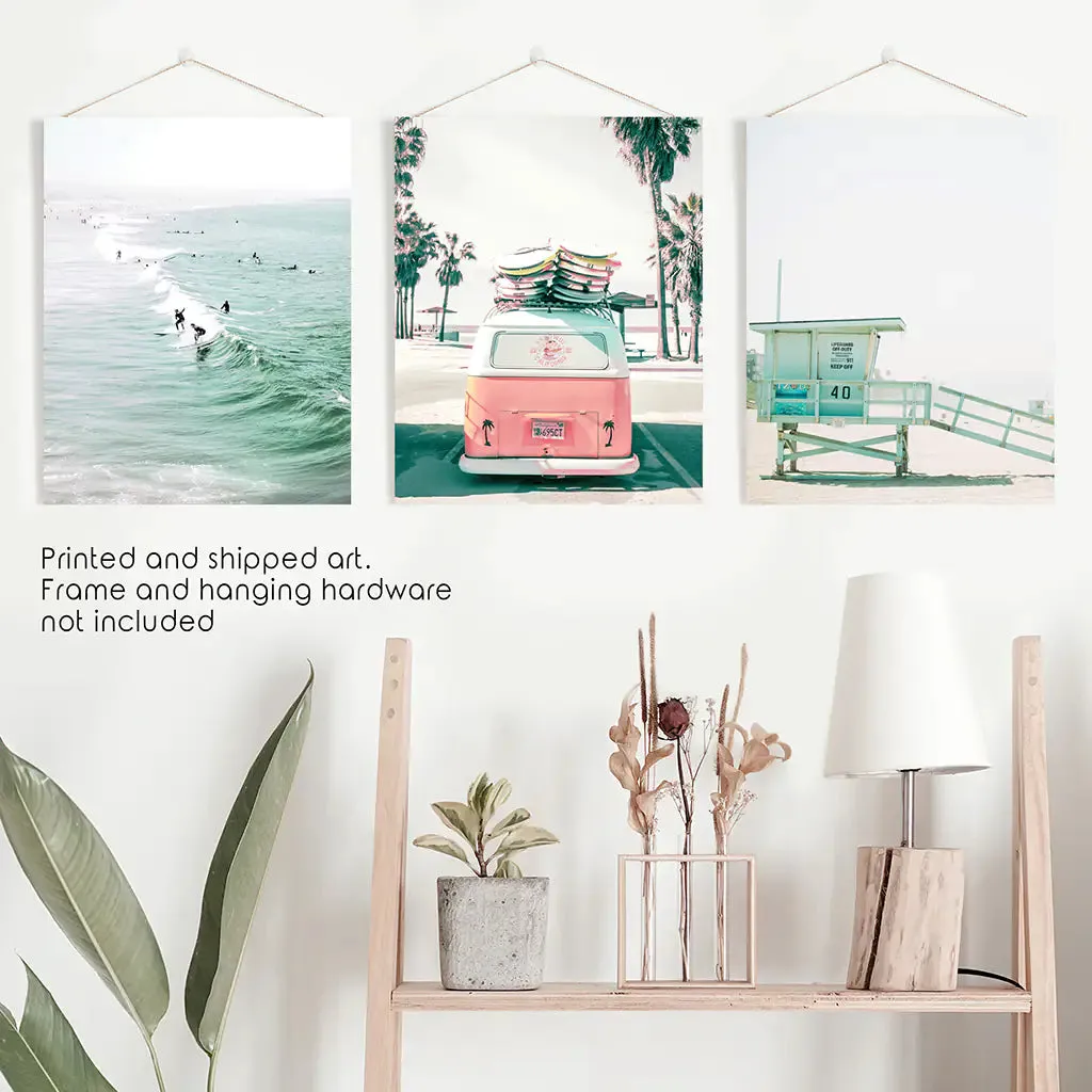 California Travel Wall Art Set. Pink Bus, Lifeguard, Surfers