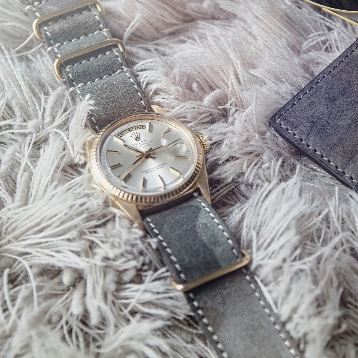 Camo Grey Suede Single Pass Gold Leather Watch Strap