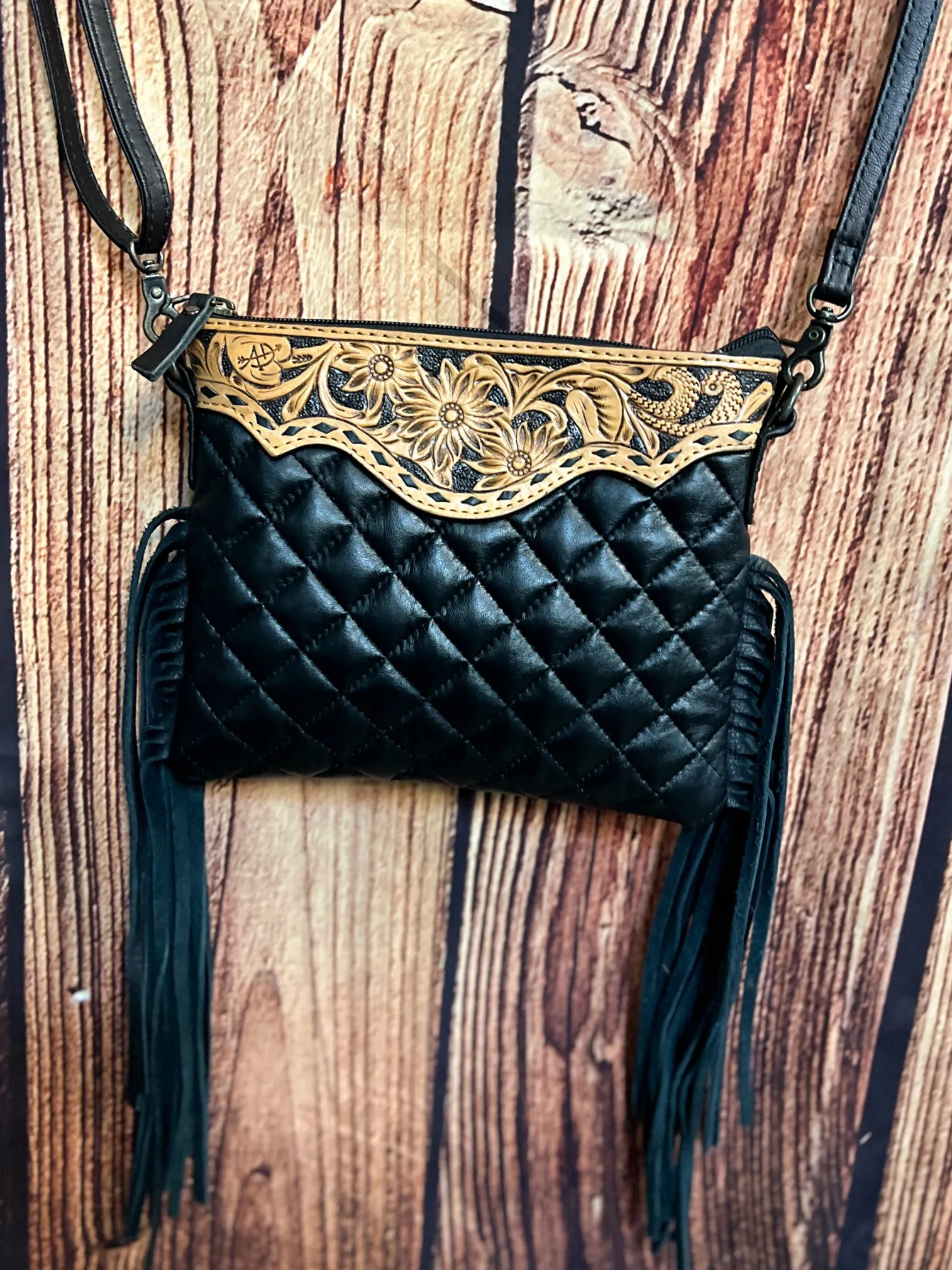 Darling Quilted Black Leather Crossbody Bag With Fringe