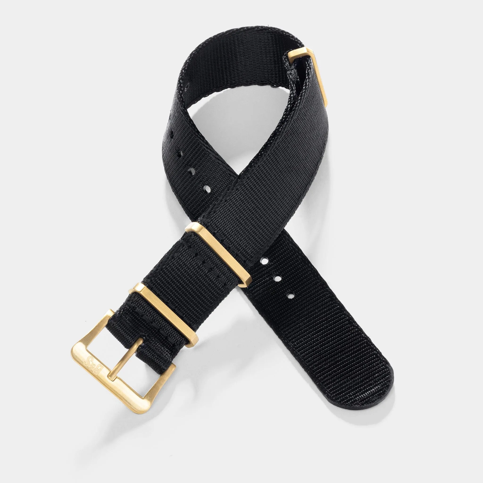 Deluxe Nylon Single Pass Watch Strap Pure Black - Gold Brushed