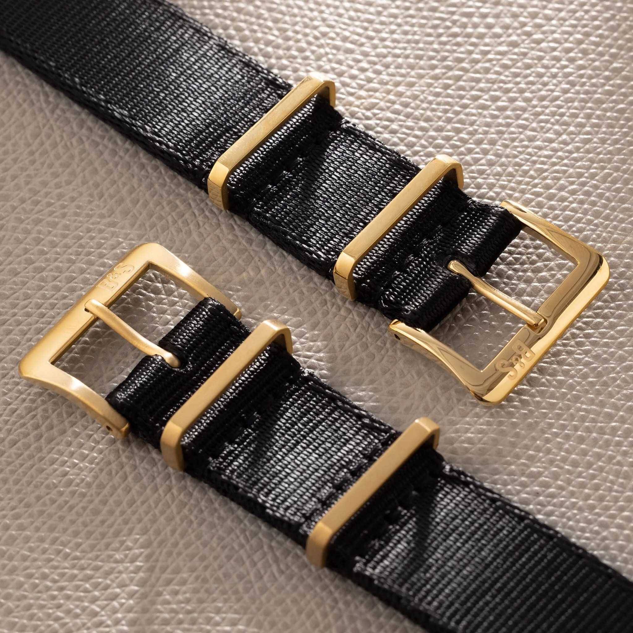 Deluxe Nylon Single Pass Watch Strap Pure Black - Gold Brushed