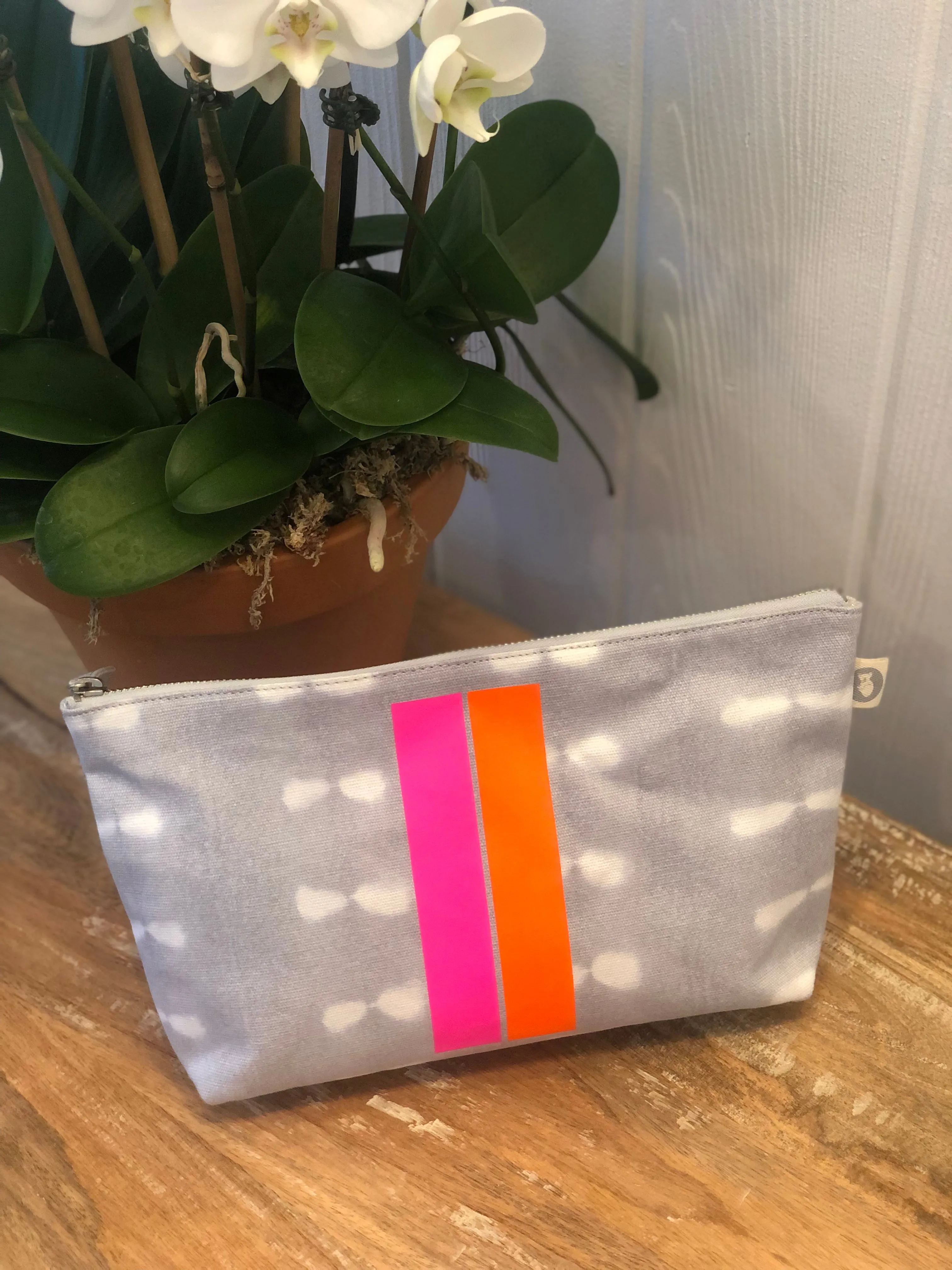 Grey Shibori Clutch with Neon Pink and Orange Stripe LAST ONE