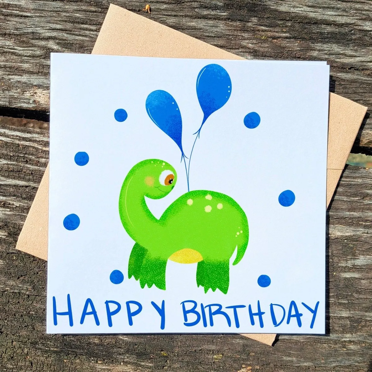 Happy Birthday Brontosaurus Card, Green Dino with Blue Party Globes, Boys Birthday Greeting, Cute Dinosaur Card for Kids, Gift for Children