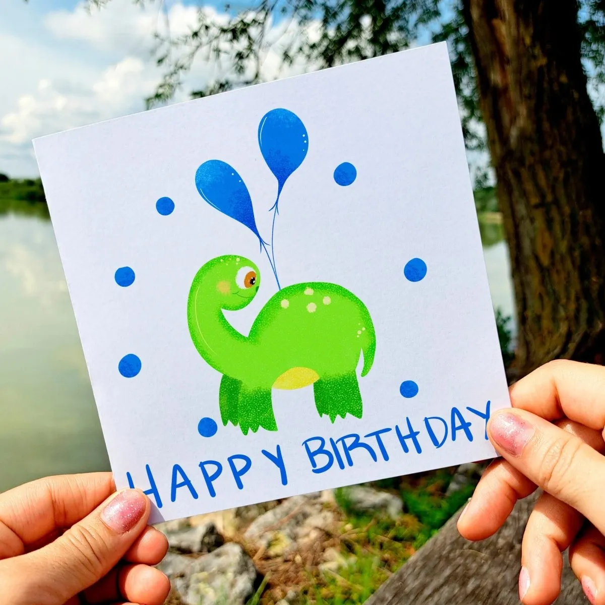 Happy Birthday Brontosaurus Card, Green Dino with Blue Party Globes, Boys Birthday Greeting, Cute Dinosaur Card for Kids, Gift for Children