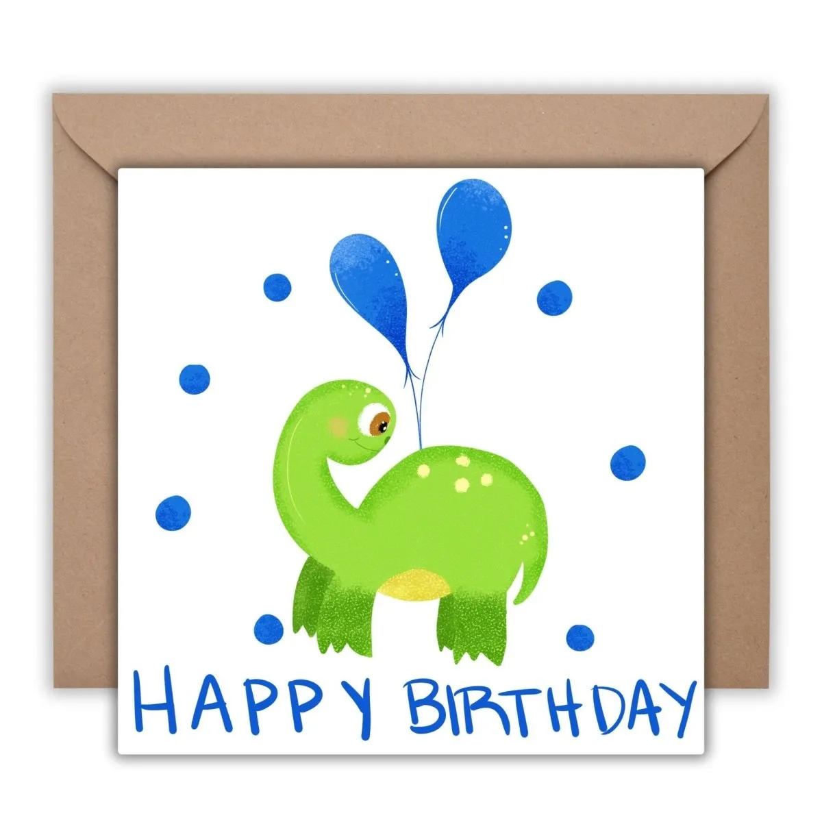 Happy Birthday Brontosaurus Card, Green Dino with Blue Party Globes, Boys Birthday Greeting, Cute Dinosaur Card for Kids, Gift for Children