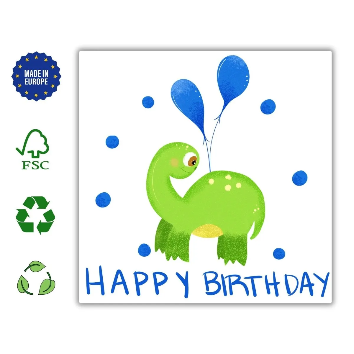 Happy Birthday Brontosaurus Card, Green Dino with Blue Party Globes, Boys Birthday Greeting, Cute Dinosaur Card for Kids, Gift for Children