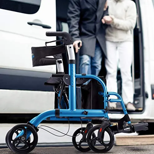 Health Line Massage Products 2 in 1 Rollator-Transport Chair w/Paded Seatrest, Reversible Backrest and Detachable Footrests, Sky Blue