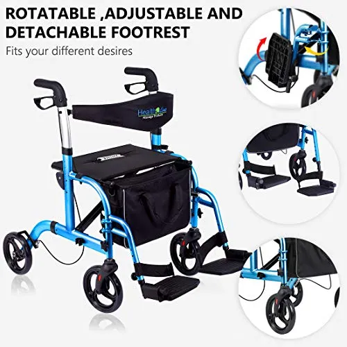 Health Line Massage Products 2 in 1 Rollator-Transport Chair w/Paded Seatrest, Reversible Backrest and Detachable Footrests, Sky Blue