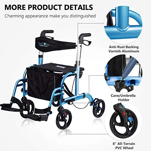 Health Line Massage Products 2 in 1 Rollator-Transport Chair w/Paded Seatrest, Reversible Backrest and Detachable Footrests, Sky Blue