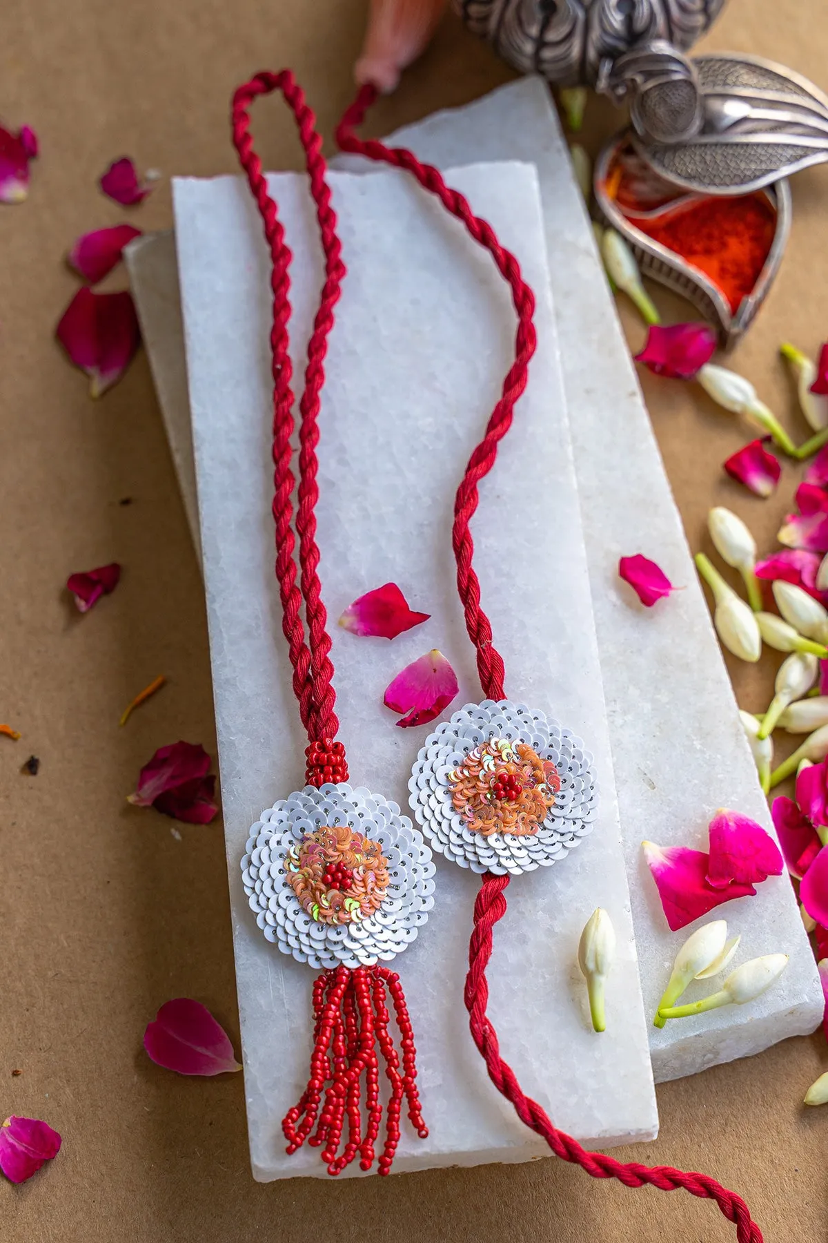 Hibiscus Embroidered Rakhi and Lumba Set