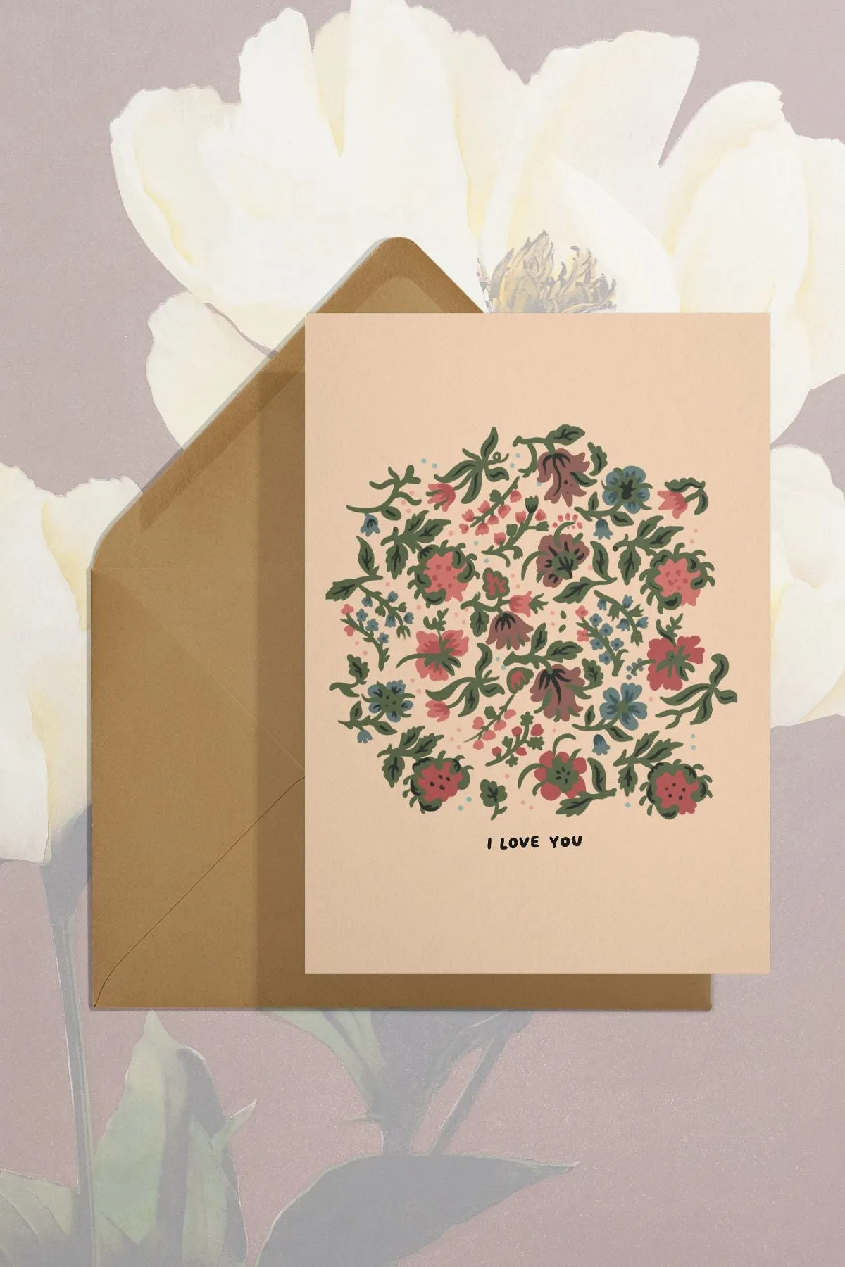 I Love You (Beige Flowers) Card