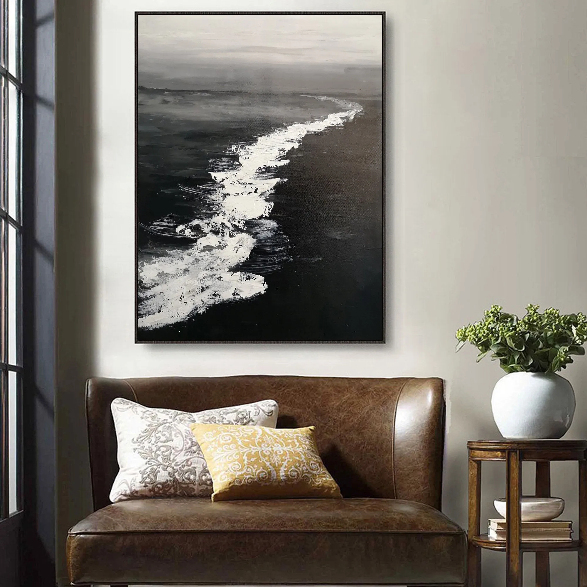 Large Black and White Ocean Painting Coastal Wall Art Grey Wall Decor Op075