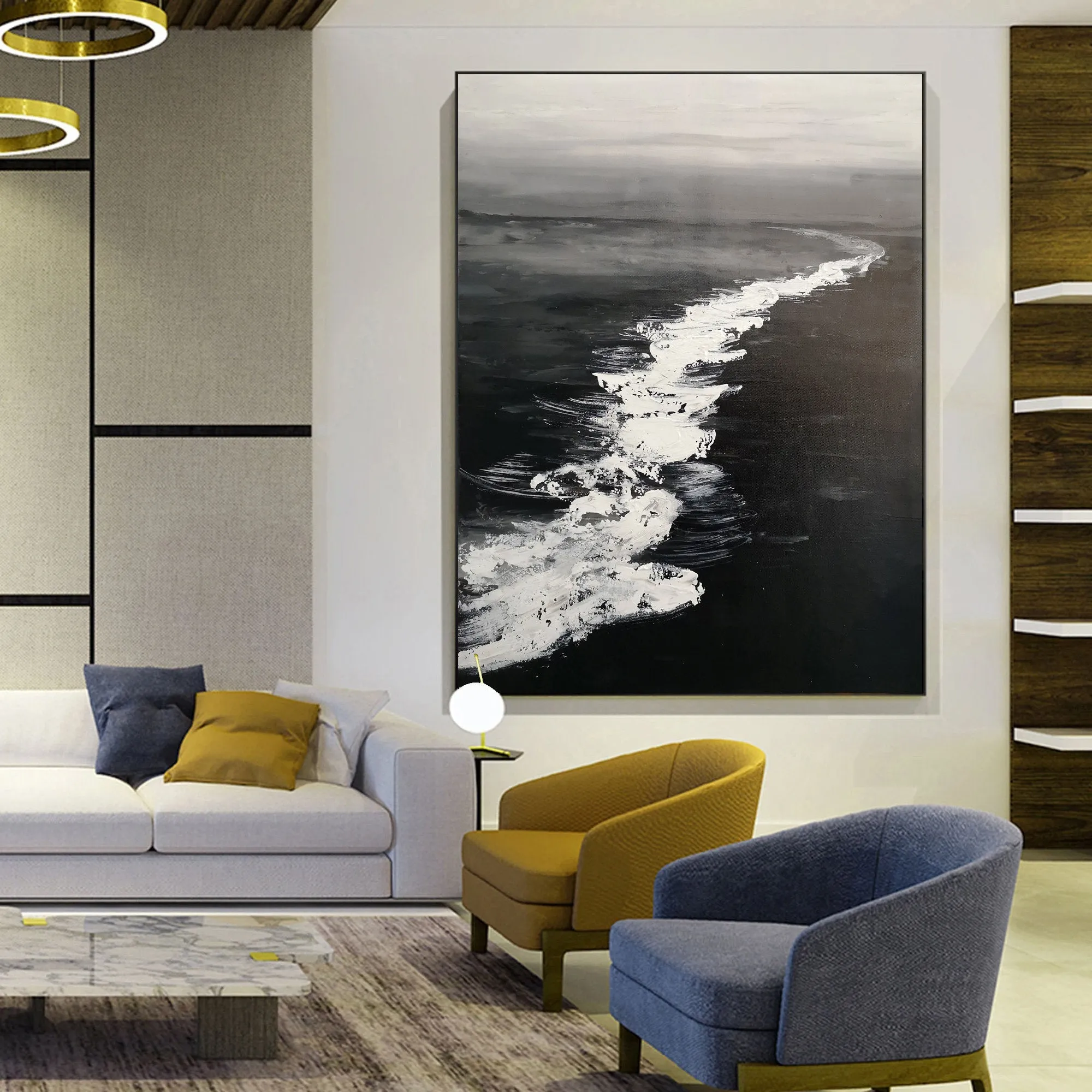 Large Black and White Ocean Painting Coastal Wall Art Grey Wall Decor Op075