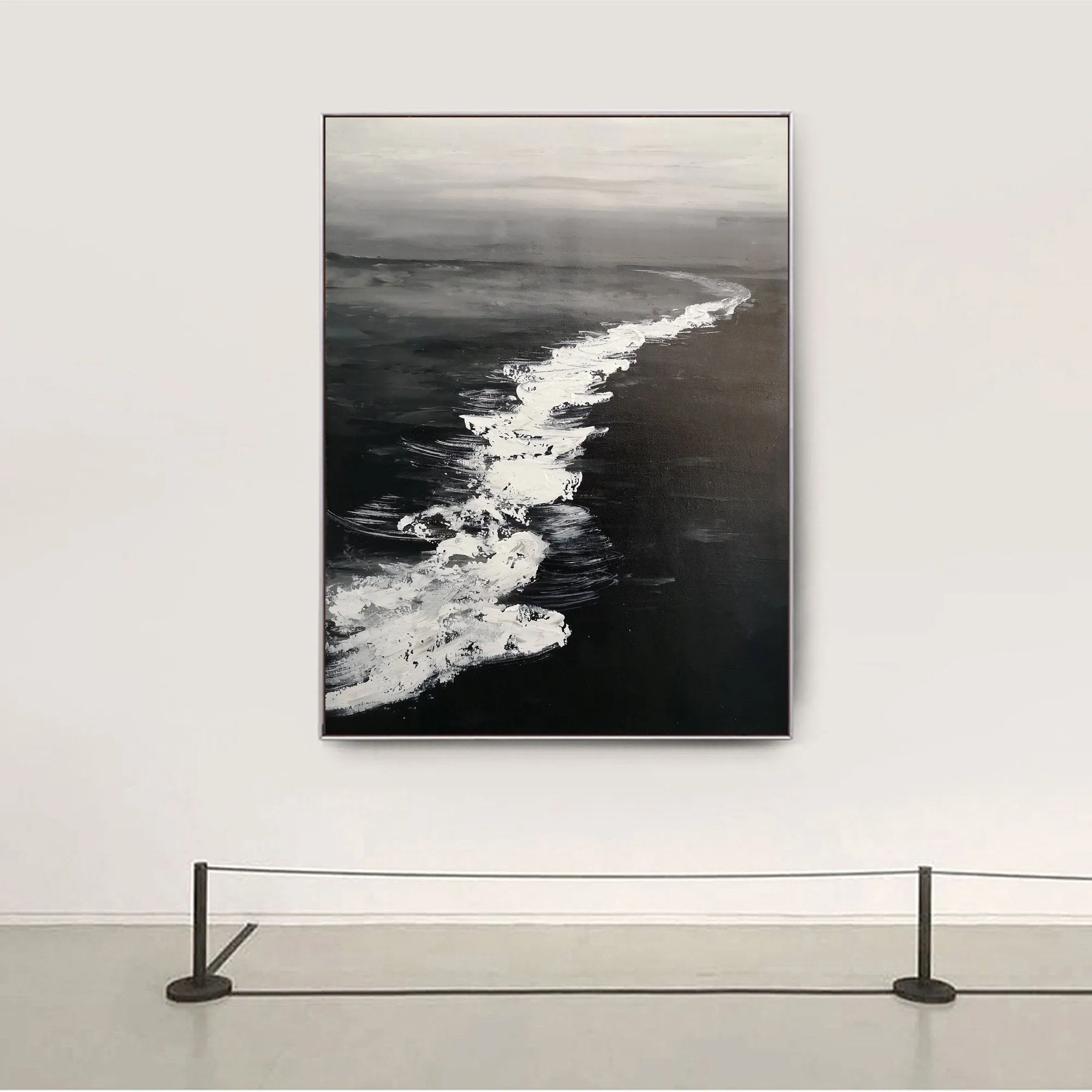 Large Black and White Ocean Painting Coastal Wall Art Grey Wall Decor Op075