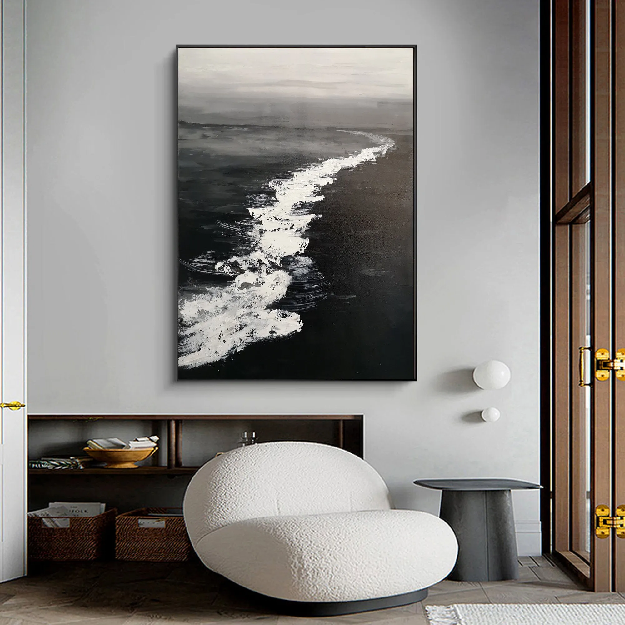 Large Black and White Ocean Painting Coastal Wall Art Grey Wall Decor Op075