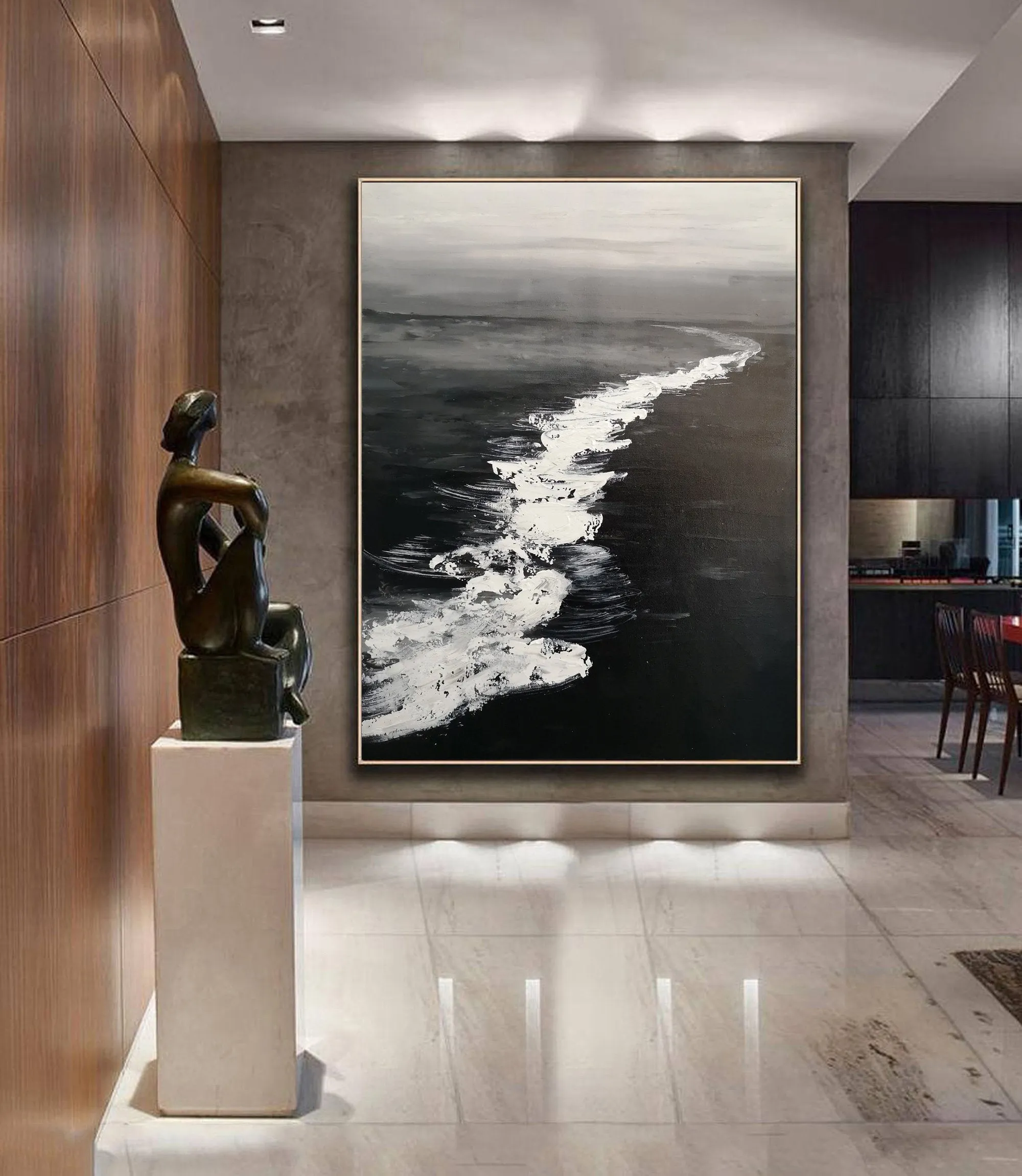 Large Black and White Ocean Painting Coastal Wall Art Grey Wall Decor Op075