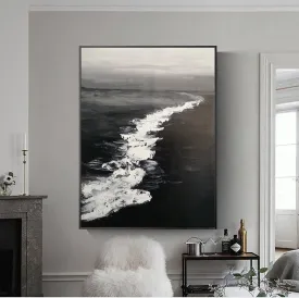 Large Black and White Ocean Painting Coastal Wall Art Grey Wall Decor Op075