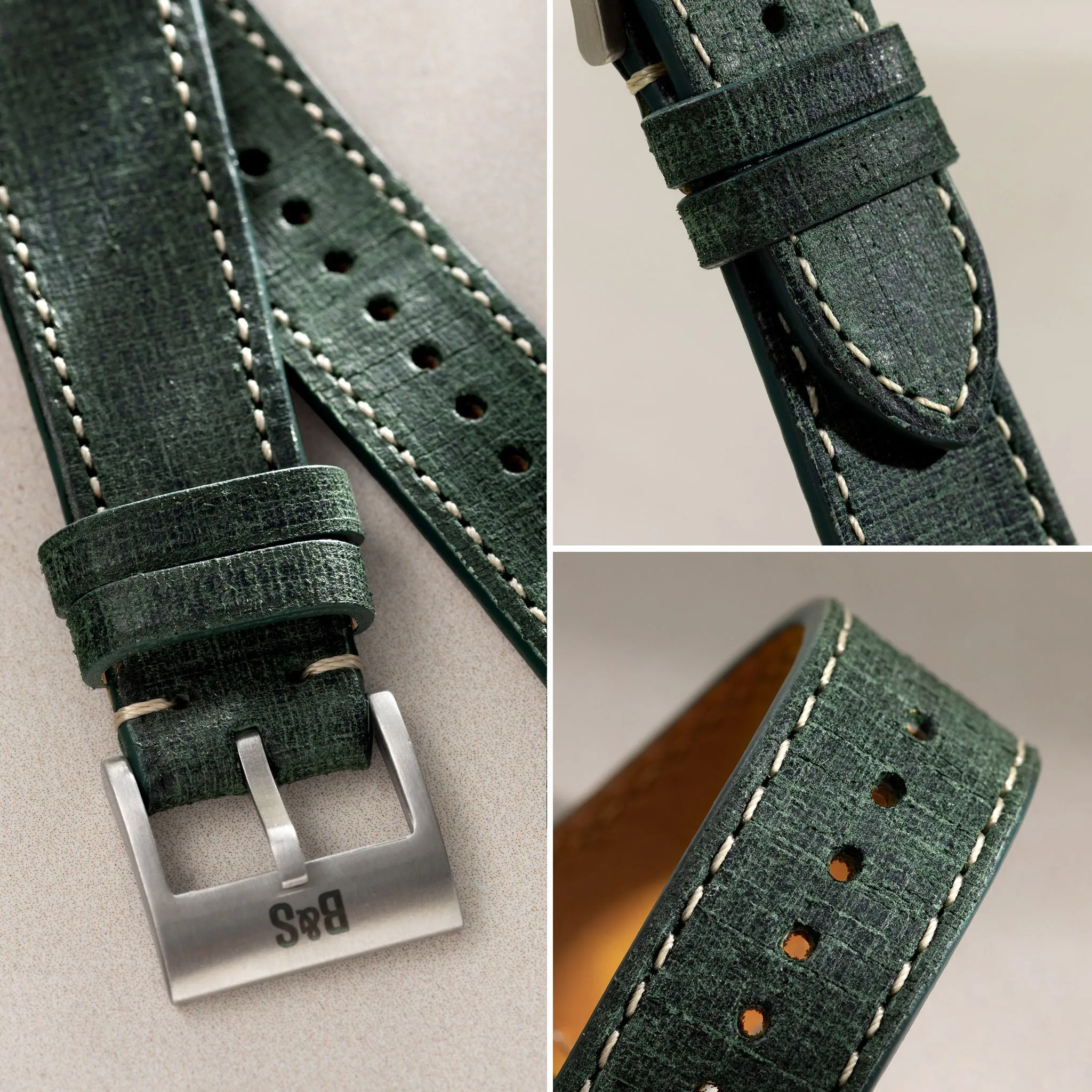 Linen Boxed Leather Watch Strap - Elegant Green