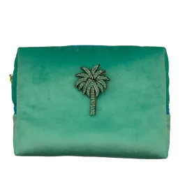 Marine make-up bag & mint palm tree brooch - recycled velvet, large and small