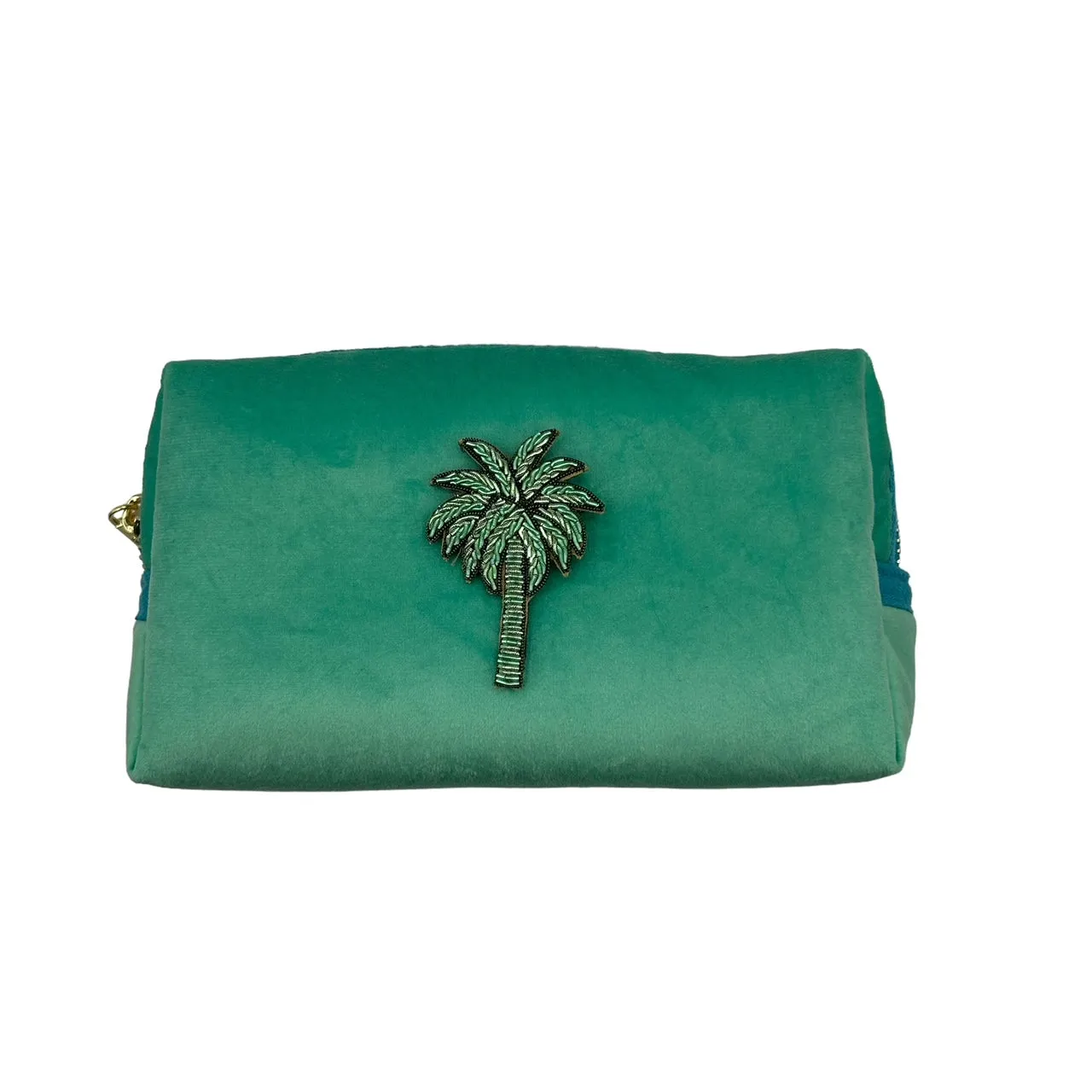 Marine make-up bag & mint palm tree brooch - recycled velvet, large and small