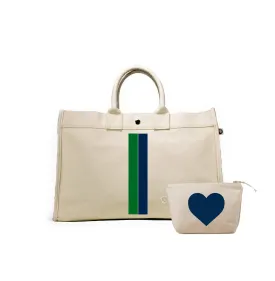 Natural East West Bag with Navy & Kelly Green Stripes (  FREE Natural Makeup with Navy Heart)