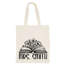 Personalized Teacher Canvas Tote Bag - Floral Book