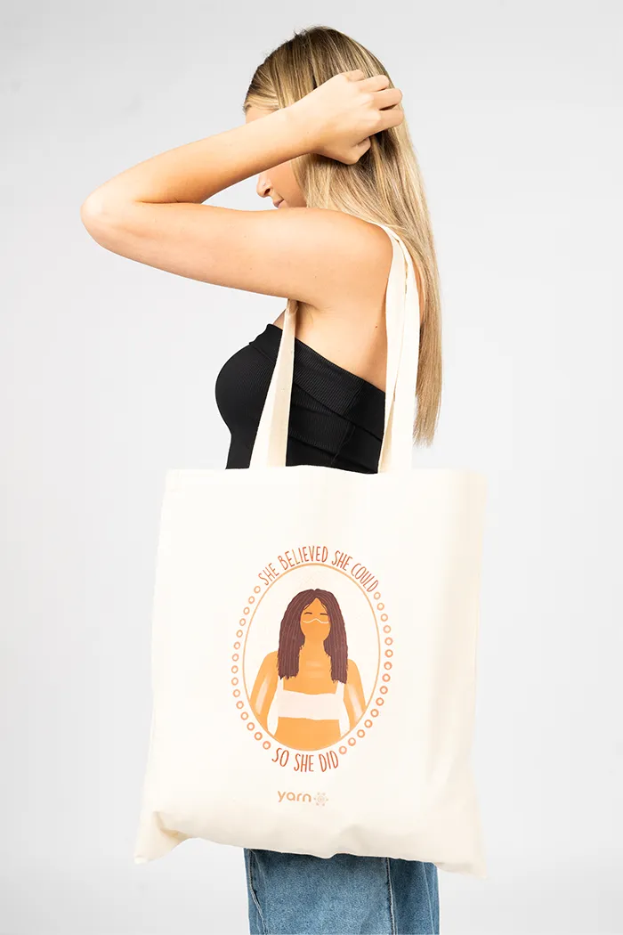 "She Believed She Could, So She Did" Long Handle Natural Cotton Tote Bag