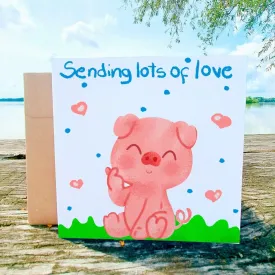 Sending Love Card, Pig Greeting Postcard, Sweet Pork in Nature, Perfect for Birthdays, Thank You, Thinking of You Gift Idea, Cute Birthday