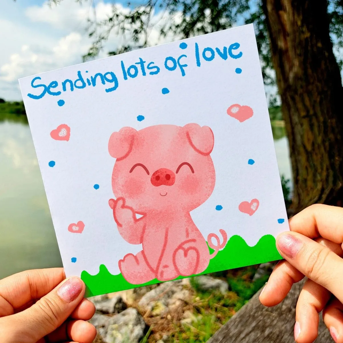 Sending Love Card, Pig Greeting Postcard, Sweet Pork in Nature, Perfect for Birthdays, Thank You, Thinking of You Gift Idea, Cute Birthday