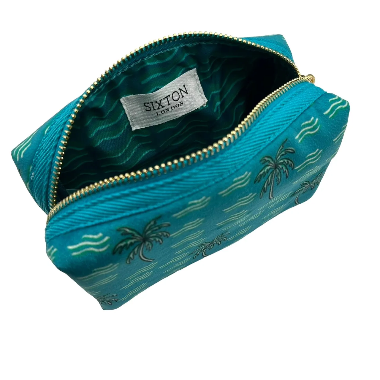 Teal palm large make-up bag & mint shell brooch - recycled velvet, large and small