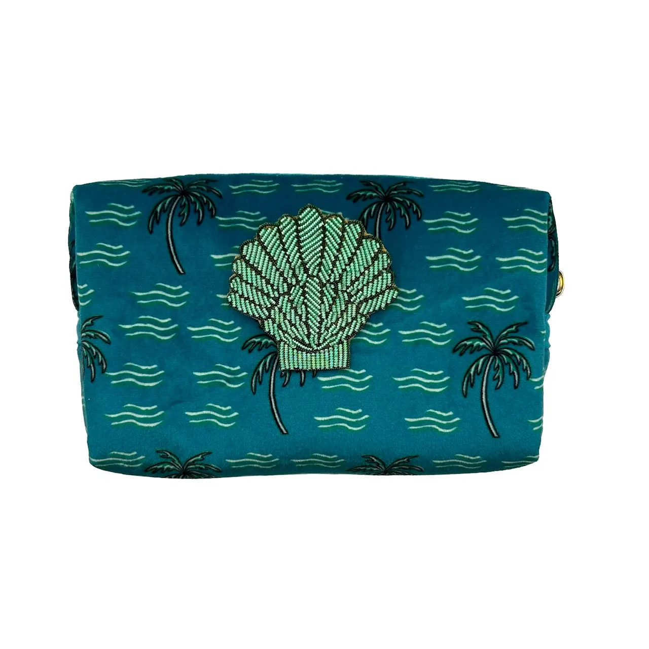 Teal palm large make-up bag & mint shell brooch - recycled velvet, large and small