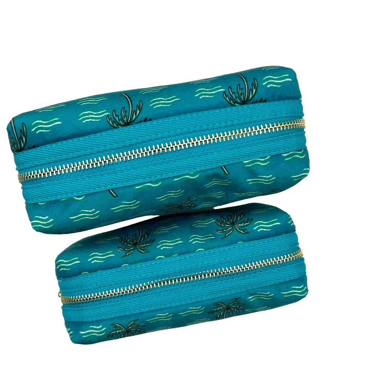 Teal palm large make-up bag & mint shell brooch - recycled velvet, large and small