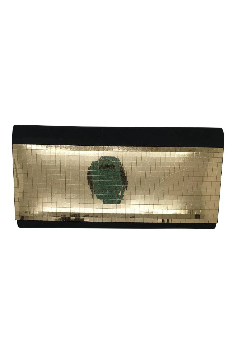 VINTAGE 1980s 1990s Black Fabric Gold Mosaic Front Envelope Clutch (S)